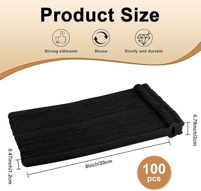 Reusable Cable Ties 8 In 100 Pack Heavy Duty Black Cord Organization Straps Adjustable & Releasable Hook and Loop for Indoor/Outdoor Wire Management