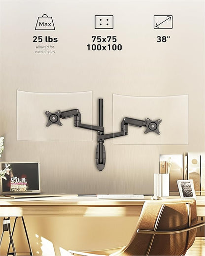 Dual Monitor Wall Mount for Flat or Curved Screens up to 38" Within 25 lbs, Adjustable Monitor Arm with Cable Management, VESA 75x75/100x100mm Monitor Mount for 2 Monitors, Black