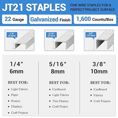 meite JT21 Staples, 5/16 Inch Galvanized Fine Wire Staples for Staple Gun - 7/16" Crown JT21 Staple Refill, Ideal for Upholstery, Crafts, Furniture (5 Packs)