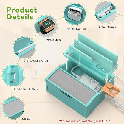 Pezin & Hulin Bamboo Charging Station for Multi Device, with Power Charger & Cables, Nightstand Docking Stand with Felt Pad Tray & Drawer, Compatible with Tablet, Cell Phone, Smart Watch-Teal