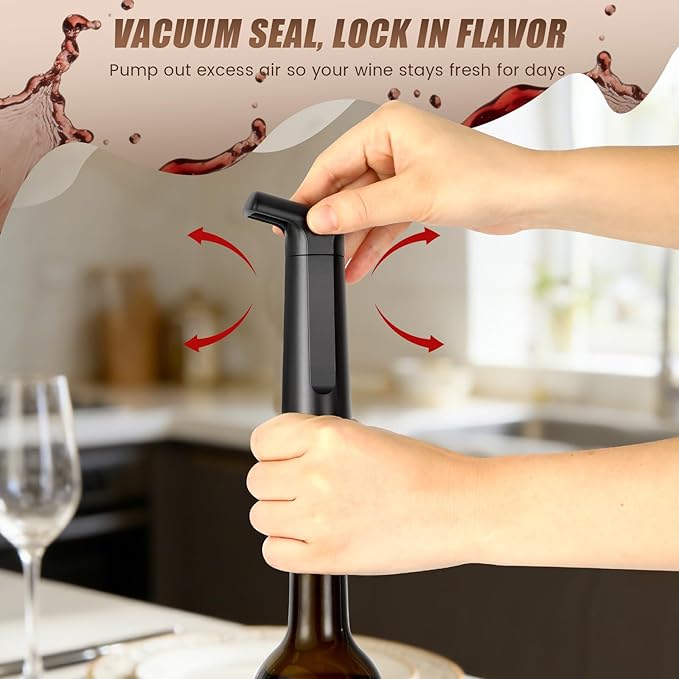 Wine Saver Vacuum Pump Set with 4 Reusable Wine Stoppers, Wine Bottle Preserver & Sealer, Keeps Wine Fresh Longer, Ergonomic Handle, Ideal Gift for Wine Lovers