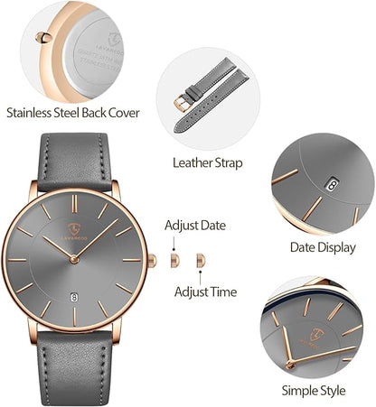 BEN NEVIS Watch, Mens Watch, Minimalist Fashion Simple Wrist Watch Analog Date with Leather Strap