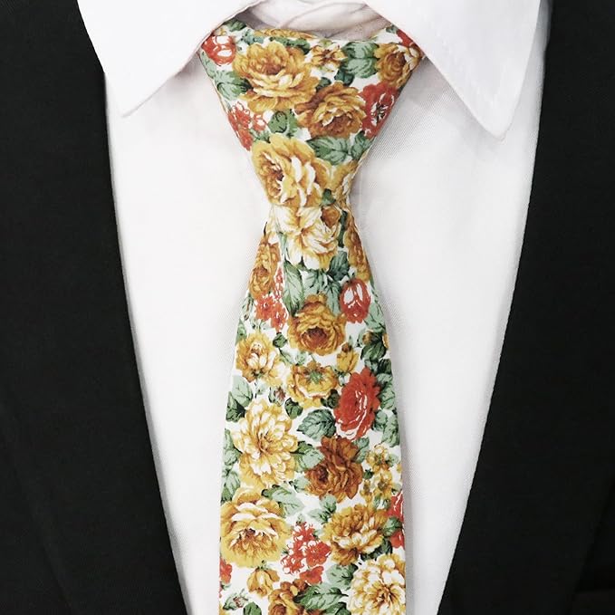 Cotton Floral Ties for Men 2.76" Men's Skinny Tie Linen Flower Printed Neck Tie for Wedding Dating Party