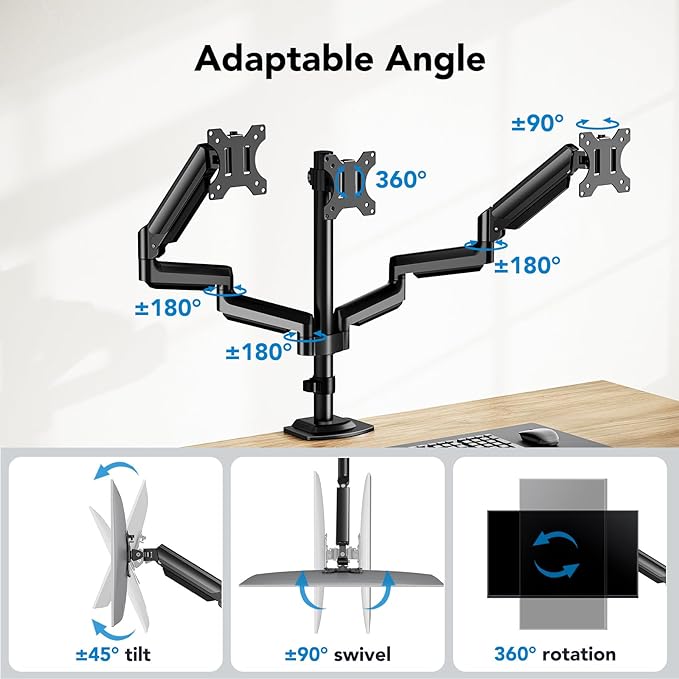 HUANUO Triple Monitor Mount for 13-27 inch Computer Screens, 3 Monitor Desk Mount with Arm Holds 17.6lbs, Triple Monitors Stand with Tilt, Swivel, Rotation, VESA 75x75, 100x100mm