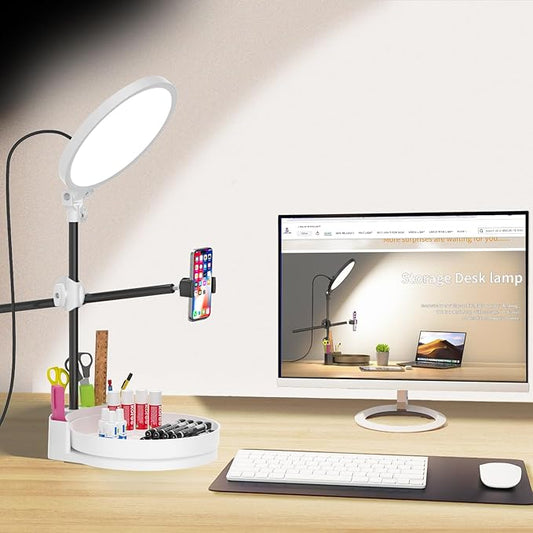 Selfie Light Kit for Desk and Laptop,55W Dimmable Full Screen Ring Light,with Rotating Storage Box,Pen Holder Stand,Phone Holder and Controller (White, 10.5)