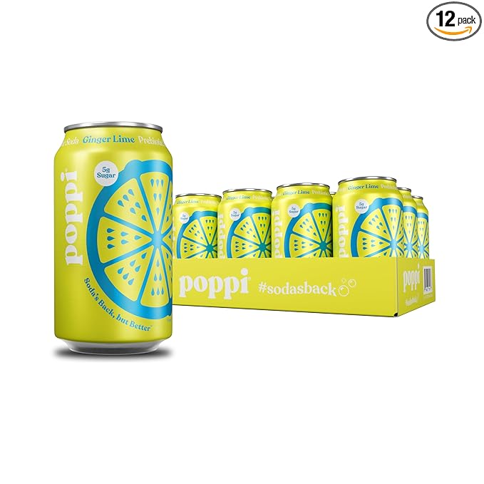 Poppi Sparkling Prebiotic Soda Beverage with Apple Cider Vinegar, Seltzer Water and Fruit Juice, Ginger Lime Flavor, 12 FL Oz, Pack of 12, Packaging May Vary