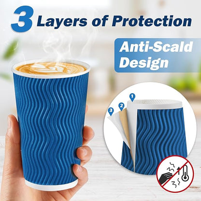 SIUQ 16 oz Coffee Cups-90 Pack Disposable Coffee Cups with Lids and Straws, Insulated Ripple Wall To Go Paper Coffee Cup for Coffee, Hot Chocolate and Hot Tea Drinks - Navy