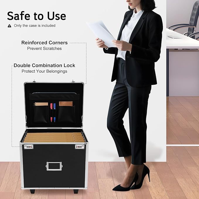 Portable File Storage Box, Locking Mobile Business Case File Box Aluminum Alloy File Lock Box with Wheels and Combination Lock Hand Pull File Case for Homes Offices Schools