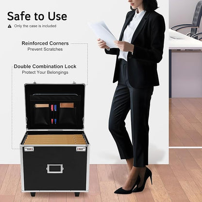 Portable File Storage Box, Locking Mobile Business Case File Box Aluminum Alloy File Lock Box with Wheels and Combination Lock Hand Pull File Case for Homes Offices Schools