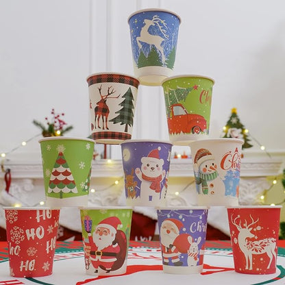 Christmas Cups - 9 oz Disposable Paper Coffee/Tea Cups, 10 Holiday Designs, 50 Pack Party Supplies for Hot and Cold Drinks