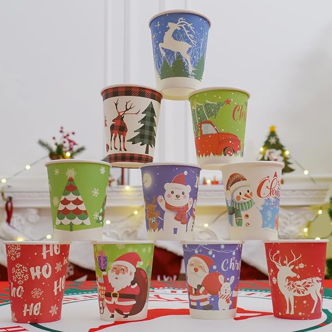 Christmas Cups Disposable 120 Pcs Paper Cups Hot Chocolate Cocoa Coffee Cups for Christmas Party Supplies, 9 oz