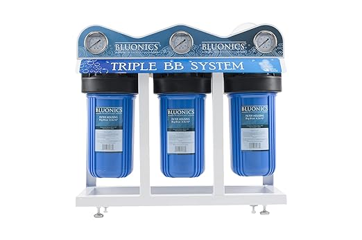 Bluonics Complete Whole House Well Water Filtration System 12 GPM 55W UV Purifier with Triple 4.5"x10" 55W UV, Activated Carbon & Sediment 5, 20 & 40 Micron Pre-Filter + Extra Filters & UV Bulb