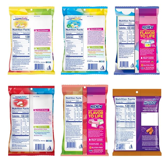 HI-CHEW Variety Mix, Pack of 6 Bags Including Salted Caramel - 15 Flavor Assort Sweet and Sour Chewy Fun Soft Candy Variety Pack - Immensely Juicy Fruity Flavors - Individually Wrapped for Sharing