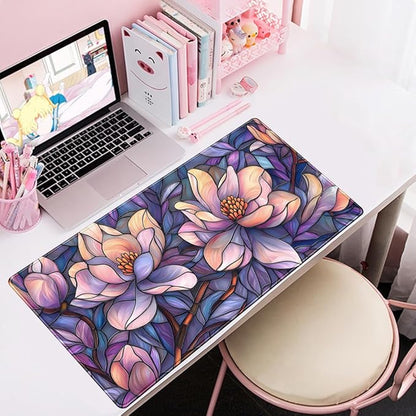 Floral Desk Mat Gaming Large Mouse Pad Desk Keyboard Pad, Long Computer Mat Faux Stained Glass Artistic Patterns Mouse Mat, Aesthetic Floral Purple & Pink Desk Protector Office Decor 31.5" X 15.7"