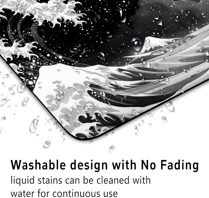 Black Wave of Kanagawa Patterns Desk Mat, Large Gaming Mouse Pad Non-Slip Rubber Base with Stitched Edges, Waterproof Protection for PC Laptop Home Office Desk Decor (8x9in)