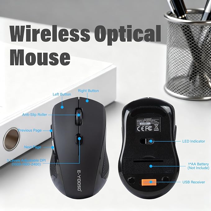 E-YOOSO Wireless Quiet Ergonomic Keyboard and Mouse Combo with Wrist Rest,Keycap Silent Design 90% Less Noise,2.4GHz 104 Keys Full Size,2400 DPI Mouse,for PC Computer/Laptop/Mac/Tablet,Black