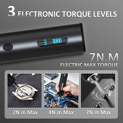 Cordless Electric Screwdriver Set with Storage Case, 3-Speed Torque (Max 7N.m) Power, Rechargeable 2000mAh Battery, 30 Magnetic S2 Steel Bits, LED Light for Phone/Laptop/Camera/Watch/DIY Repair
