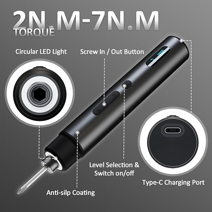 Cordless Electric Screwdriver Set with Storage Case, 3-Speed Torque (Max 7N.m) Power, Rechargeable 2000mAh Battery, 30 Magnetic S2 Steel Bits, LED Light for Phone/Laptop/Camera/Watch/DIY Repair