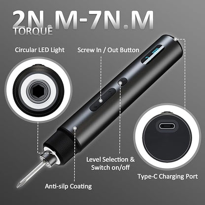 Cordless Electric Screwdriver Set with Storage Case, 3-Speed Torque (Max 7N.m) Power, Rechargeable 2000mAh Battery, 30 Magnetic S2 Steel Bits, LED Light for Phone/Laptop/Camera/Watch/DIY Repair