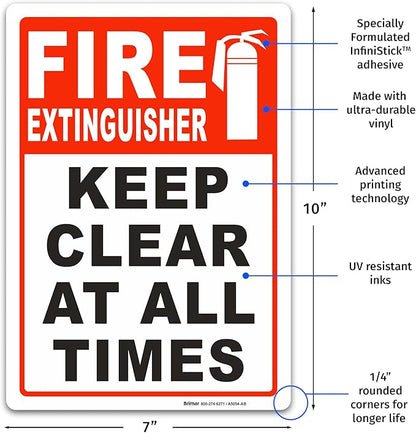 Brimar - 7 x 10" - Fire Extinguisher Keep Clear Sign - 3.5 Mil InfiniStick™ Vinyl Label - Easy Installation - Versatile Use