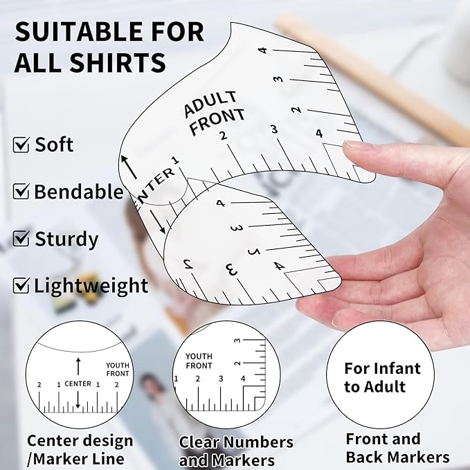 12pcs Tshirt Ruler Guide for Vinyl Alignment, T Shirt Measurement Accessories Tools for Cricut Heat Press & Cameo & HTV Transfer Vinyl, Stocking Stuffers Gifts for Women (White)