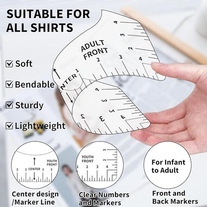 12pcs Tshirt Ruler Guide for Vinyl Alignment, T Shirt Measurement Accessories Tools for Cricut Heat Press & Cameo & HTV Transfer Vinyl, Stocking Stuffers Gifts for Women (White)