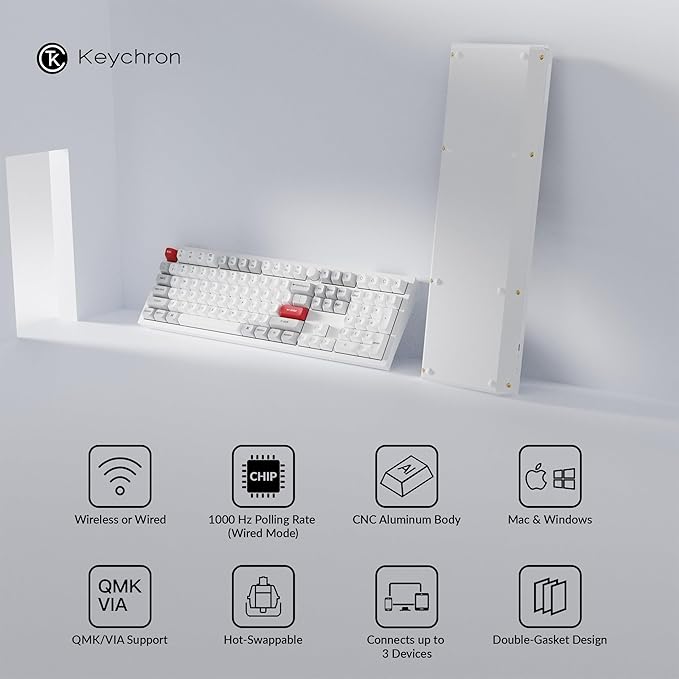 Keychron Q6 Pro Full-Size Bluetooth Custom Mechanical Keyboard for Mac Windows Linux, Full Aluminum QMK/VIA Programmable Knob KSA Double-Shot PBT Keycap Hot-Swappable Keychron K Pro Brown Switch-White