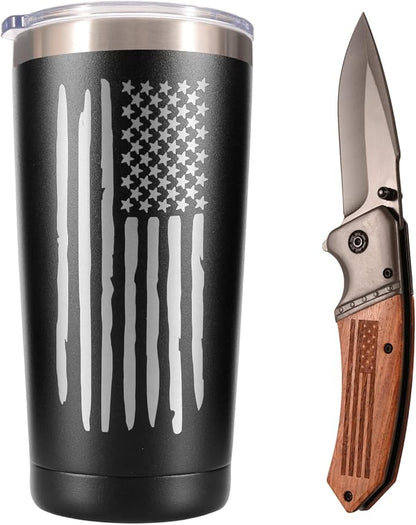 American Flag Gifts Set For Men, 20 oz Travel Coffee Tumbler & Mug With Pocket Knife, Unique Patriotic Military Gifts For Veterans, Police, Fathers Day, Christmas, Birthday, Valentine, Thanksgiving