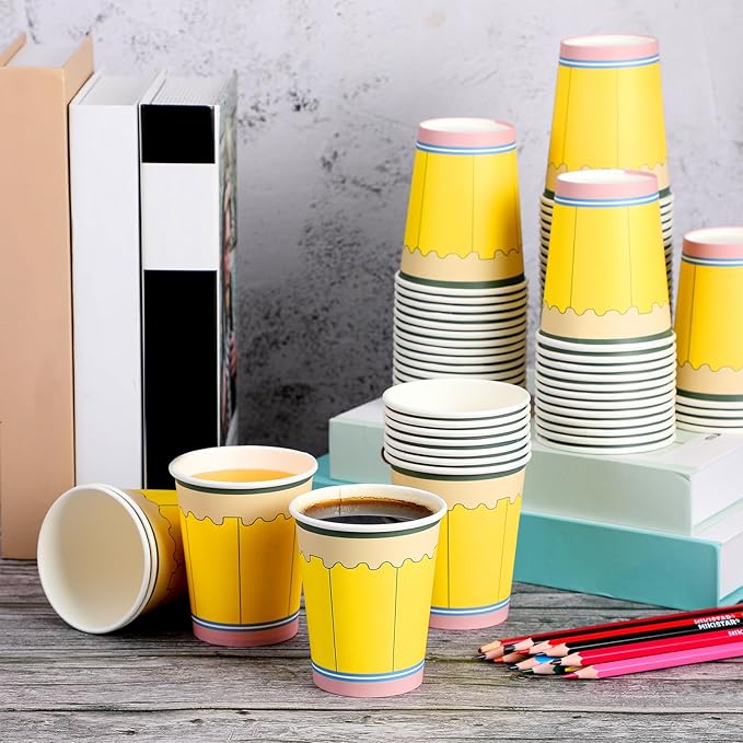 Funtery 100 Pieces Pencil Paper Cups Back to School Disposable Coffee Cups 9 Ounce Drinking Tea Paper Cups Pencil Cups for Daily Use Back to School Party