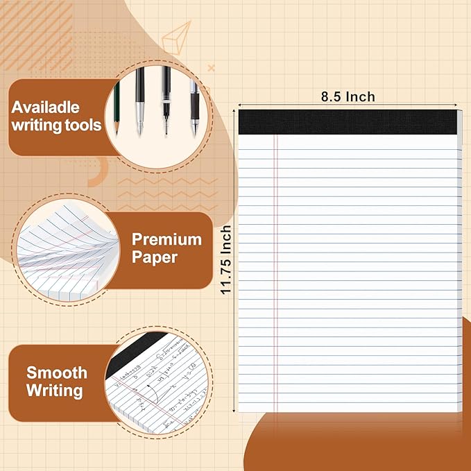 Legal Pads 8.5 X11.75, Narrow Ruled Notepads, 6 Pack, 30 Sheet/Pad, White Legal Pads, Tear Off Notepad, Perforated Writing Pad, Notebook Paper College Ruled, Notepads for Office Home School, Notepad