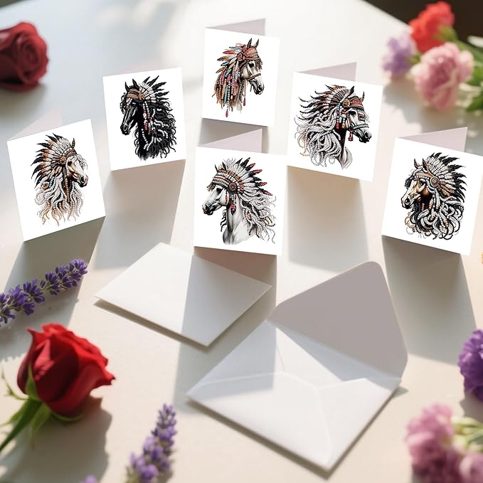 jinglinhh 12pcs Diamond Art Painting Indian Wolf Horse Greeting Cards with Envelopes, DIY Card Making Kits for Adults, Diamond Art Postcards Christmas Cards Craft Gifts