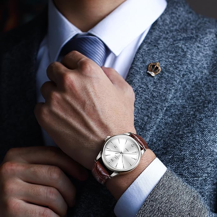 OLEVS Mens Watches, Dress Waterproof Classic Analog Casual Luxury Wrist Watch for Men with Date, Easy to Read Relojes para Hombres Male Quartz Wristwatch with Brown Black Leather Band Blue Black Dial