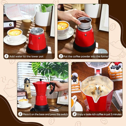 Coffee Pot 6 Cup Electric Espresso Coffee Maker Italian Moka Maker 300ml Portable Aluminum Espresso Machine Cafetera Moka Pot with Detachable Base, Gift for Home Travel(Red)