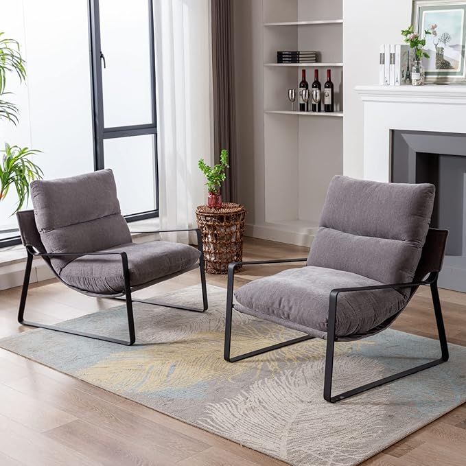 LukeAlon Modern Linen Accent Armchairs Set of 2, Upholstered Living Room Chairs with Metal Base Thickened Cushion Single Sofa Chairs Comfy Lounge Chairs for Bedroom Living Room, Grey
