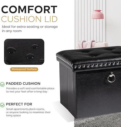 Storage Ottoman Foot Rest Stool, Foldable Leather Footstool Storage Bench with Rivet Design, Thicker Foam Padded Seat, Footrest Under Desk for Living Room Bedroom 242 lbs, 16x12x12 in, Black