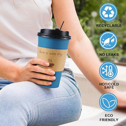 100 Pack 12 oz Coffee Cups with Lids, Disposable To Go Paper Coffee Cups with Sleeves and Stirring Sticks for Hot/Cold Drinks Office Home Shop Event (Navy)