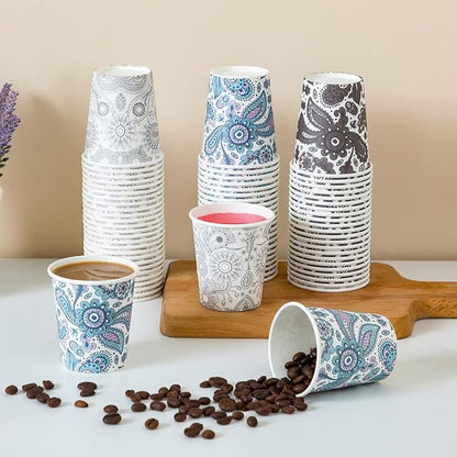 [300 Pack] 3 oz Disposable Paper Cups, Small Mouthwash 3 OZ Mini Bathroom Cups 3 Ounce for Supermarket, Birthday Party, Travel, Events, Picnic, BBQ (Paisley)