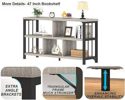 IBF Industrial Horizontal Bookshelf, Modern 5 Cube Storage Organizer Open Shelf, Low Wide Cubby Bookcase for Home Office Living, Wooden Metal Short Book Shelf Bedroom Storage, Light Grey Oak, 47 Inch
