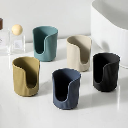 Ceramic Bathroom Cup Dispenser with Stylish Vertical Stripes - Disposable Mouthwash Cup Holder Holds 3-4oz Paper Cups for Rinsing Cups on Bathroom Vanity Countertops (Matte Blue)