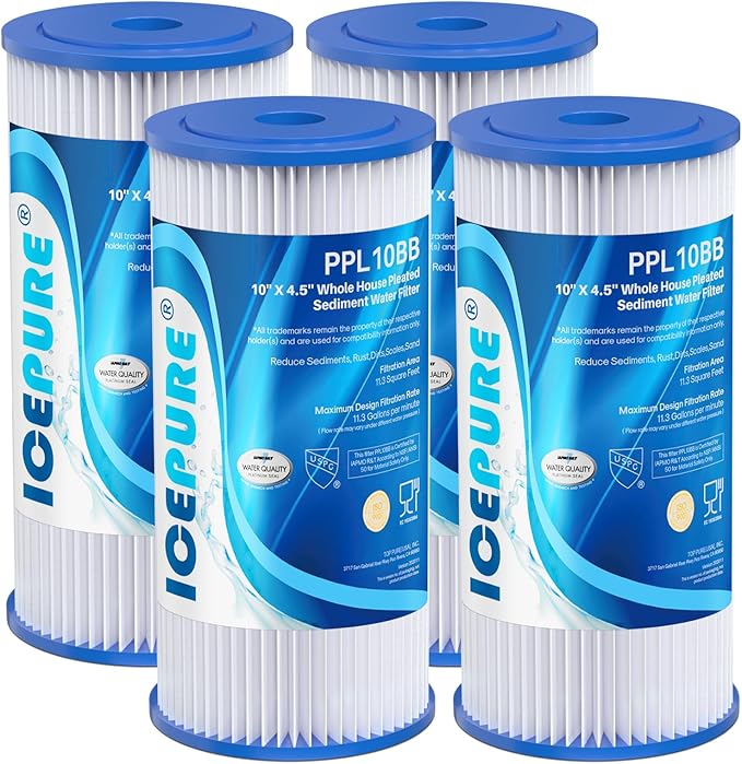 ICEPURE 5 Micron 10" x 4.5" Whole House Sediment Pleated Water Filter Replacement for GE FXHSC, Culligan R50-BBSA, Pentek R50-BB, DuPont WFHDC3001, W50PEHD, GXWH40L, GXWH35F for Well Water, 4PACK