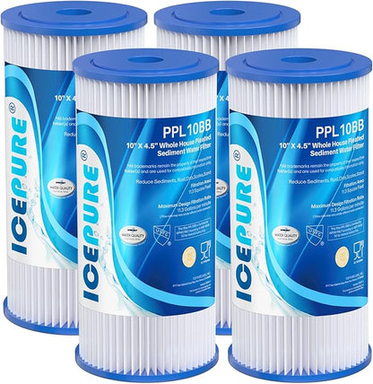 ICEPURE 5 Micron 10" x 4.5" Whole House Sediment Pleated Water Filter Replacement for GE FXHSC, Culligan R50-BBSA, Pentek R50-BB, DuPont WFHDC3001, W50PEHD, GXWH40L, GXWH35F for Well Water, 4PACK
