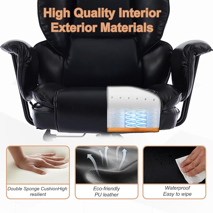 Big and Tall Office Chair 500lbs, Office Chair for Heavy People with Wide Seat and Lumbar Support, Ergonomic High Back Leather Executive Desk Chair with Clamshell Armrests - Black