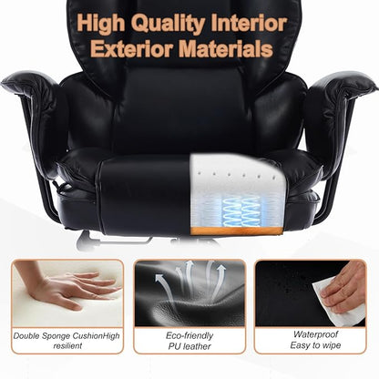 Big and Tall Office Chair 500lbs, Office Chair for Heavy People with Wide Seat and Lumbar Support, Ergonomic High Back Leather Executive Desk Chair with Clamshell Armrests - Black