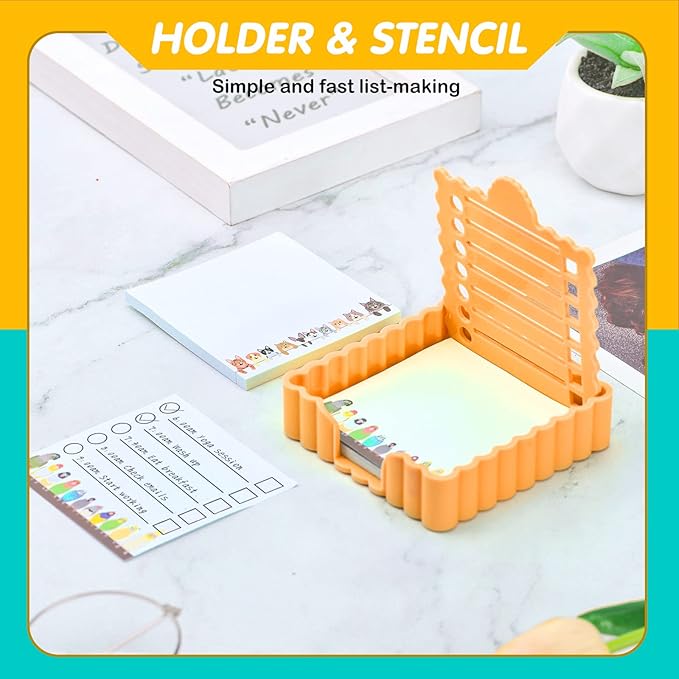 Sticky Notes Holder Cute with Stencil, Wavy Self-Stick Notepad Holder, Note Dispenser for Desk, Sticky Notes Organizer(Orange)