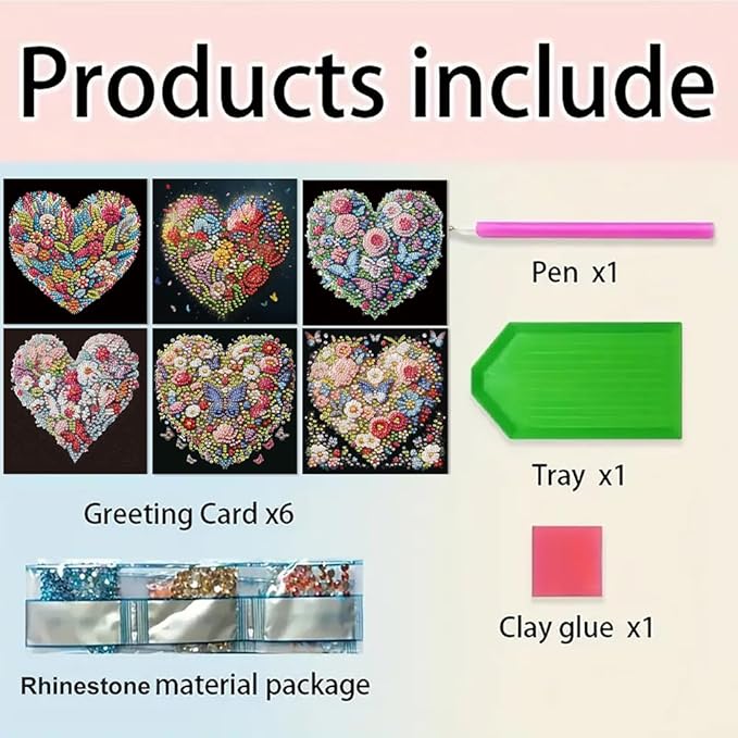 12pcs Diamond Art Painting Postcards with Envelope, Heart Flower Pattern Daily DIY Handmade Greeting Cards Wishing Cards for Special Occasion Festival Craft Gift