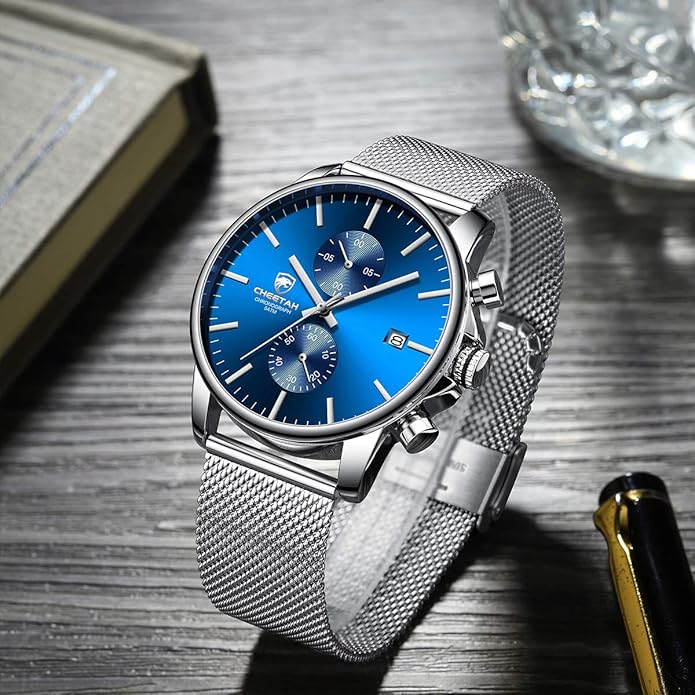 GOLDEN HOUR Mens Watch Fashion Sleek Minimalist Quartz Analog Mesh Stainless Steel Waterproof Chronograph Watches for Men with Auto Date