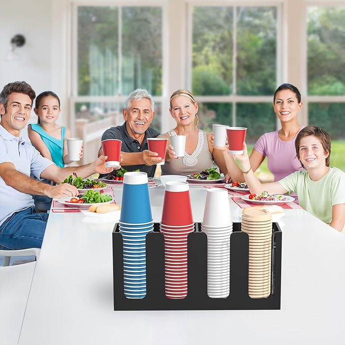 WINFFOR Disposable Cup Organizer Dispenser - 4 Compartments Black Acrylic Cup and Lid Holder with Handles Plastic Cup Dispenser Countertop Paper Cup Holder for Coffee Bar House Party Essentials