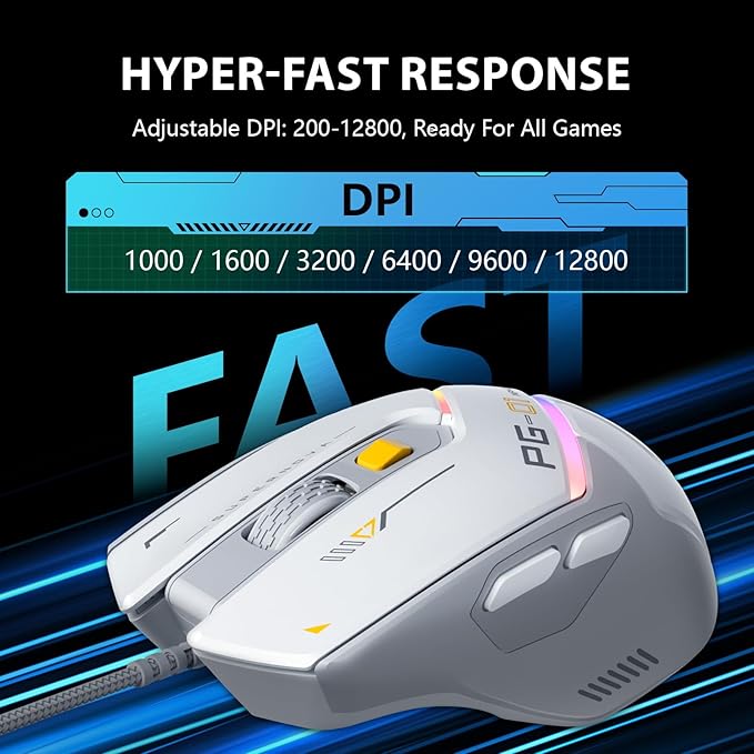 INPHIC PG1 Wired Computer Gaming Mouse Ergonomic, 12800 DPI High-Precision, 6 Programmable Buttons, RGB Backlit for Gaming - White Gray