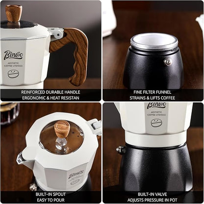 Bincoo Espresso Maker Stovetop - 2 Cup/120ML Small Stove Top Espresso Italian Coffee Maker, Camping Moka Pot (White-black)