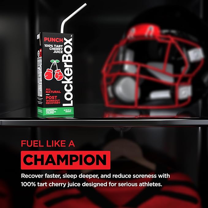 LockerBox Punch 100% Tart Cherry (40 Pack) 6.75 oz Juice Box with Straw | Organic, Sugar Free, Zero Caffeine Drink for Post Exercise Muscle Recovery, Natural Sleep Support, and Clean Daily Hydration